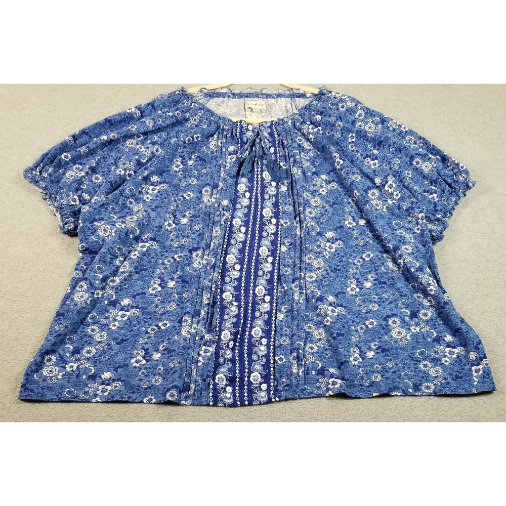 Wonderly Blouse Women 3X Plus Blue White Floral Boho Tassel Short Sleeve Spring